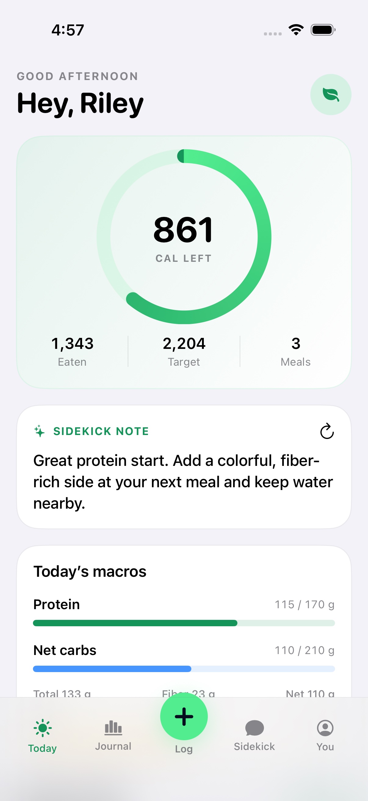 MacroSidekick Today dashboard showing calories and macro progress